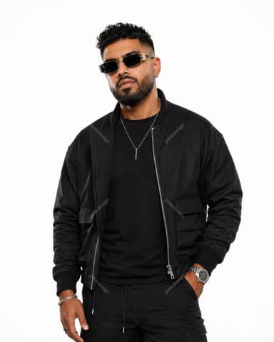 Fashionable Man In Black Streetwear And Sunglasses Photo