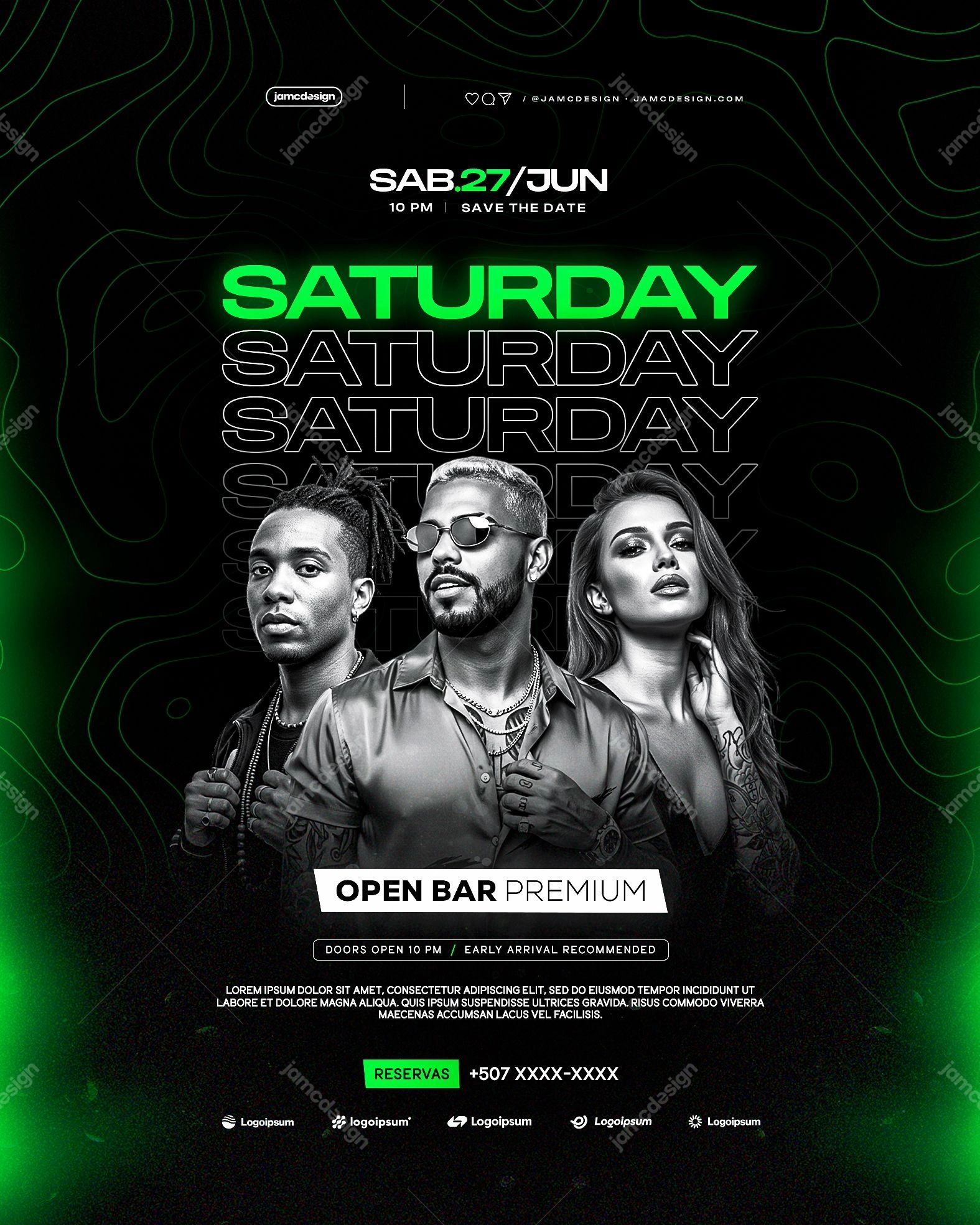 Saturday Night Flyer Template PSD Editable. Editable PSD template for a Saturday night party flyer with a dark composition, green neon typography