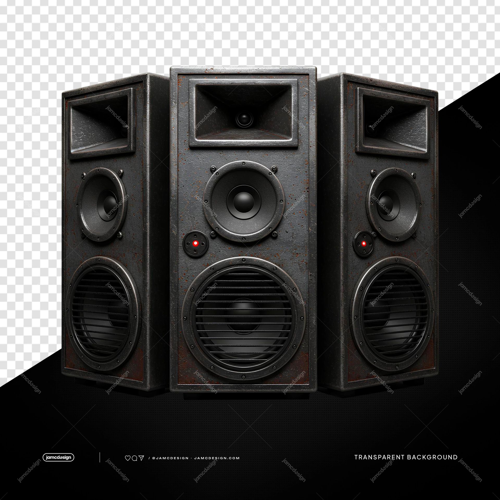 Black Three Way Party Speaker Array PNG Transparent. Three black speaker cabinets form a three way audio array in a realistic product style