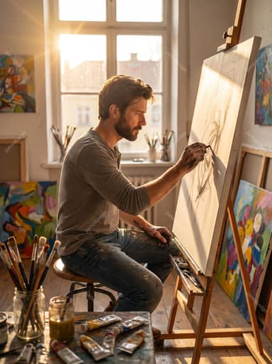 Artist Painting On Canvas In Sunlit Art Studio