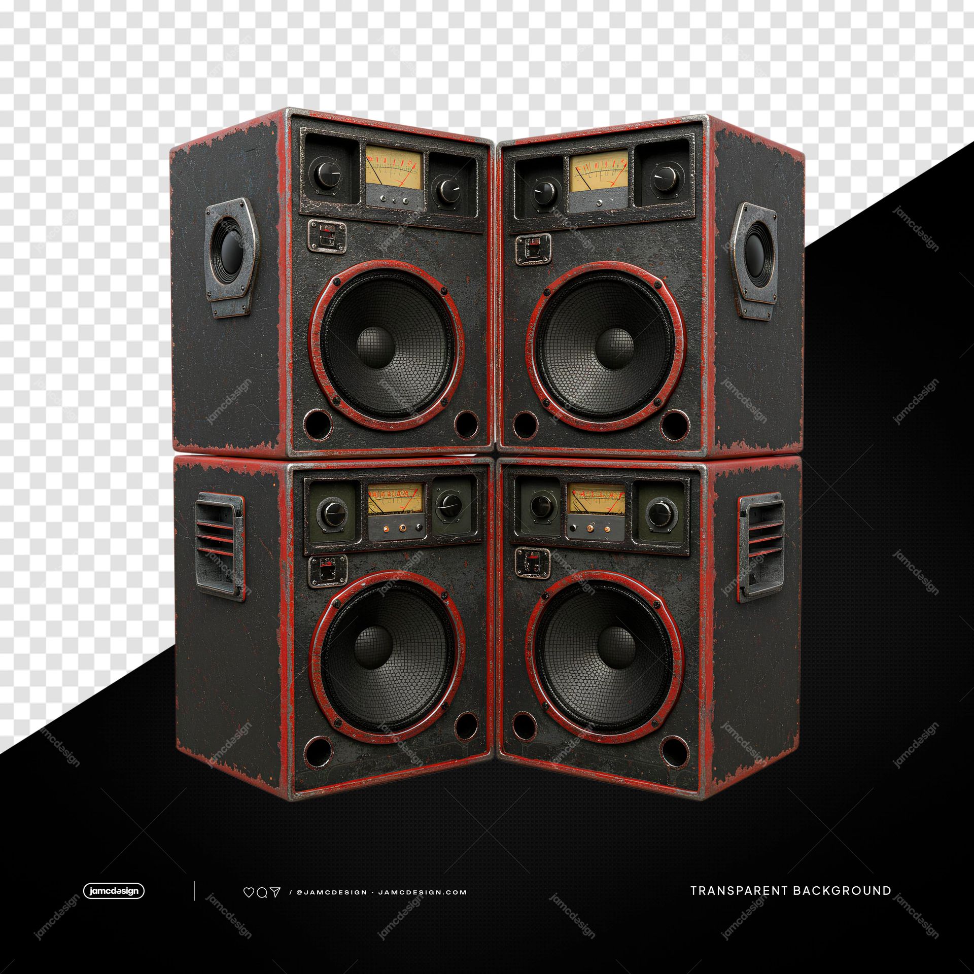 Black And Red Four Speaker Wall Stack PNG Transparent. Black and red PNG transparent object showing four realistic speakers arranged as a stacked sound system