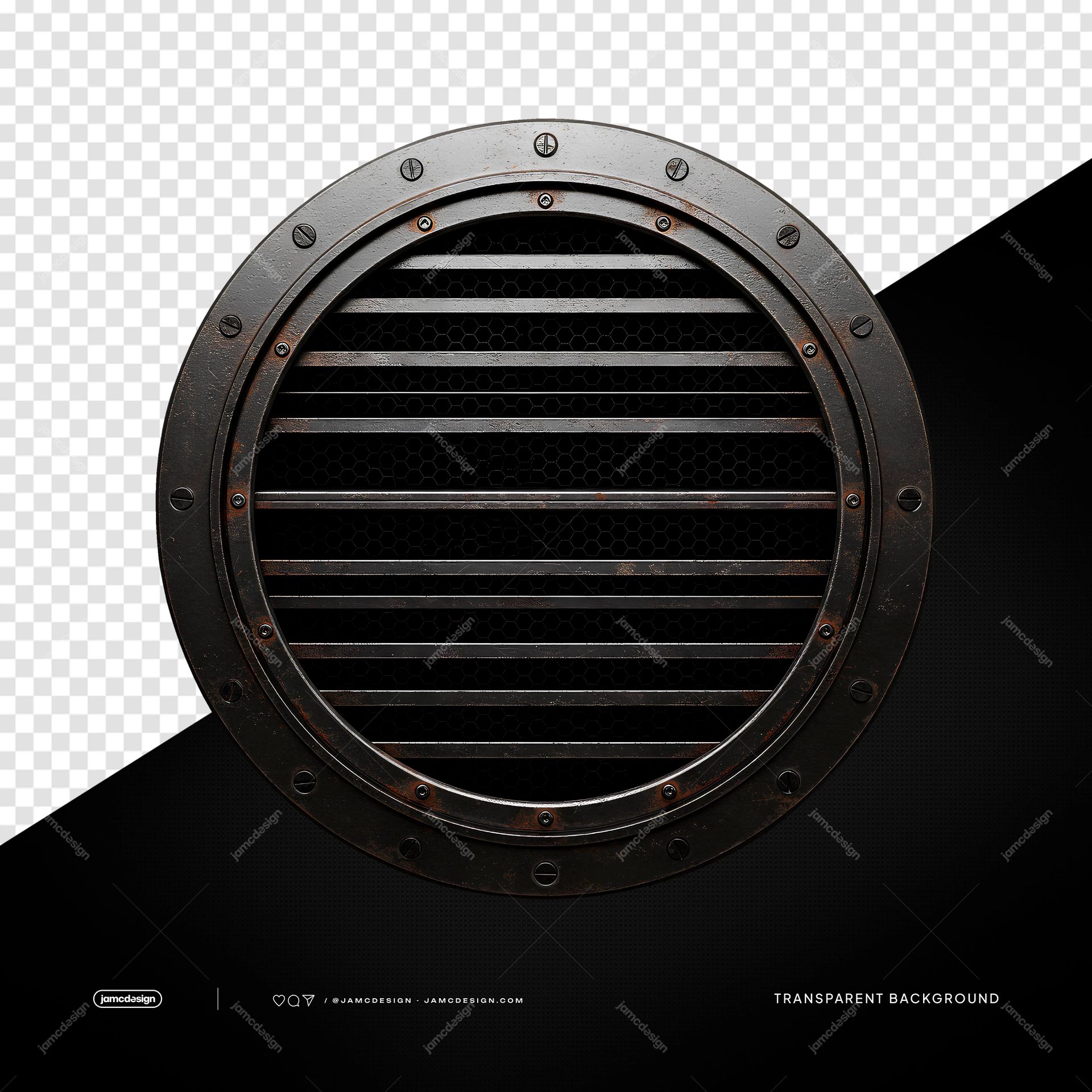 Riveted Round Metal Grille Dark Rings PNG Transparent. Riveted round metal grille supplied as a PNG transparent object, featuring a dark industrial finish