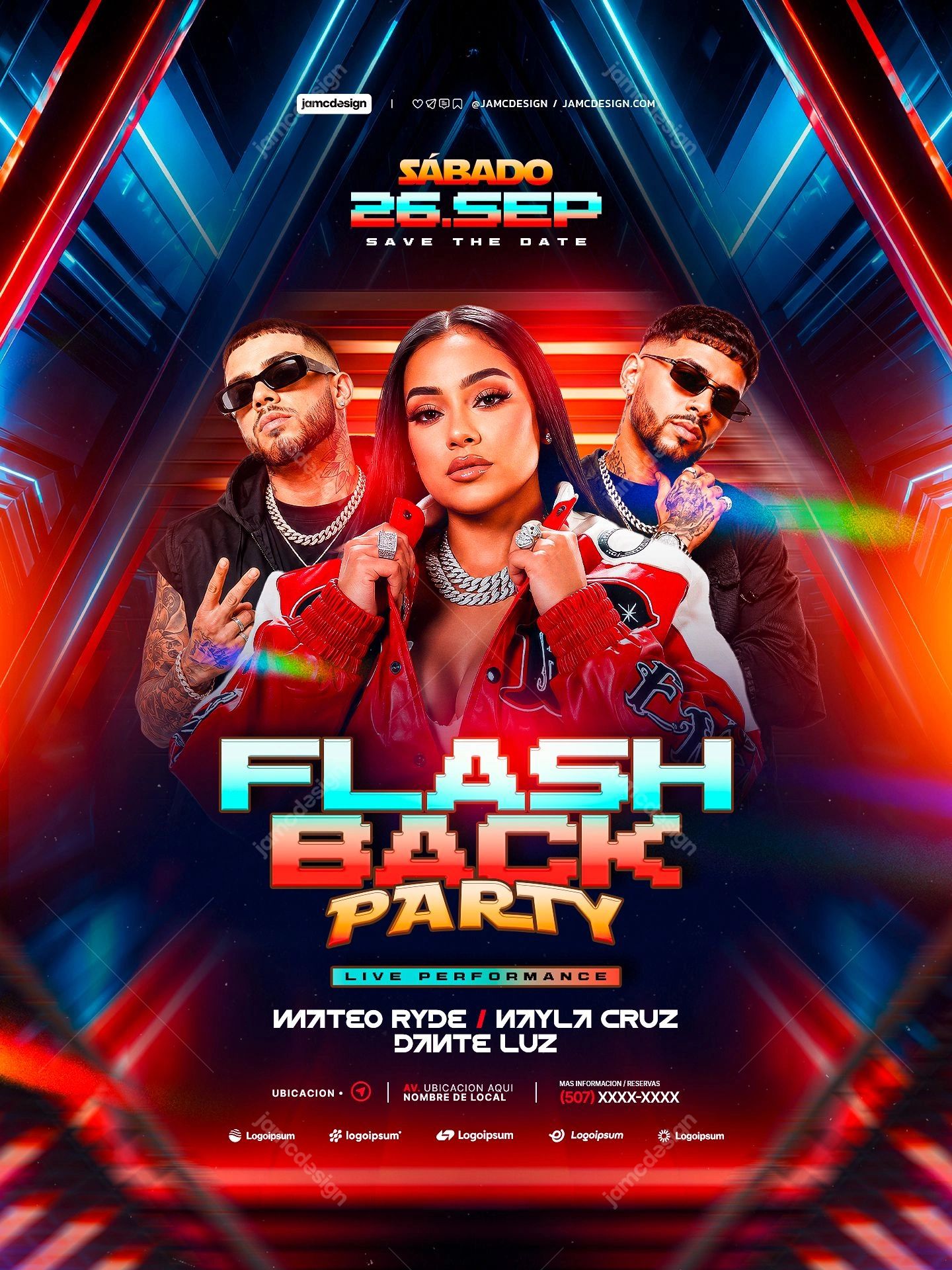 FlashBack Party Neon Performers Flyer PSD. Editable PSD event flyer template for a FlashBack party