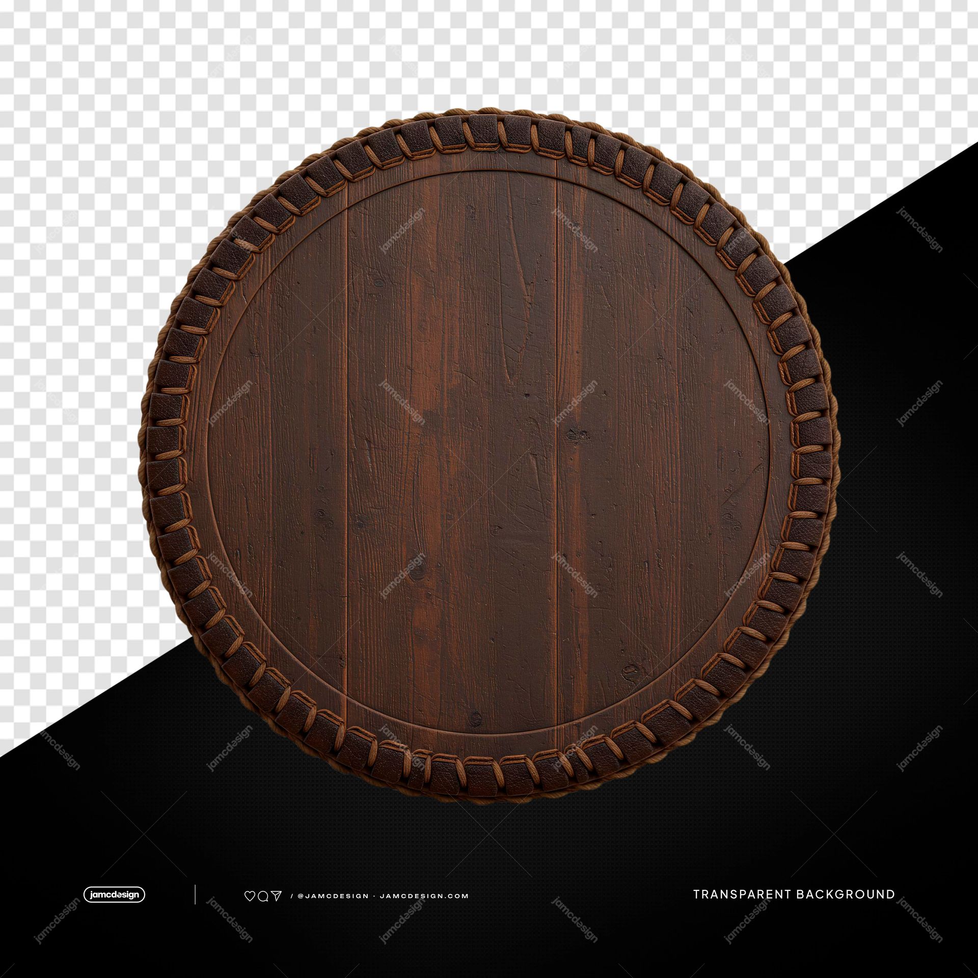 Rustic Wood Round Board With Braided Border PNG Transparent. A transparent PNG object featuring a realistic dark brown wooden round board with visible grain