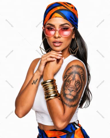African Fashion Woman Portrait With Lion Tattoo Colorful Headwrap