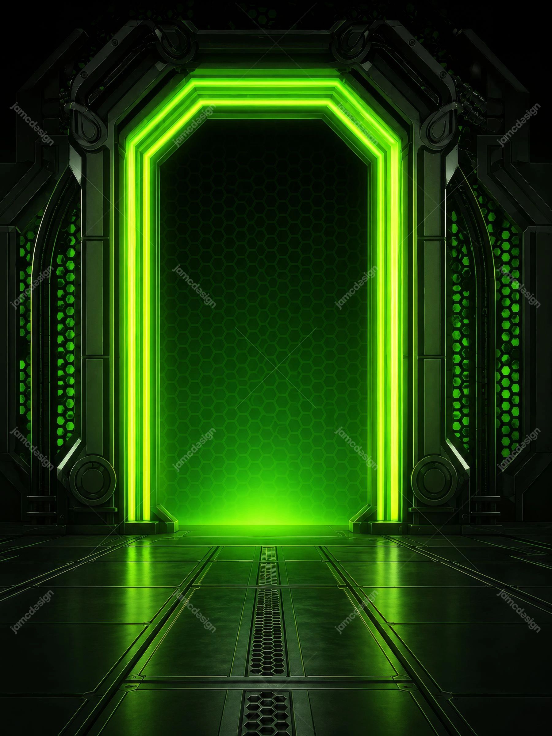 Futuristic Green Neon Metal Gateway Glow Portal Background. JPG background showing a futuristic sci fi gateway in a dark metallic interior