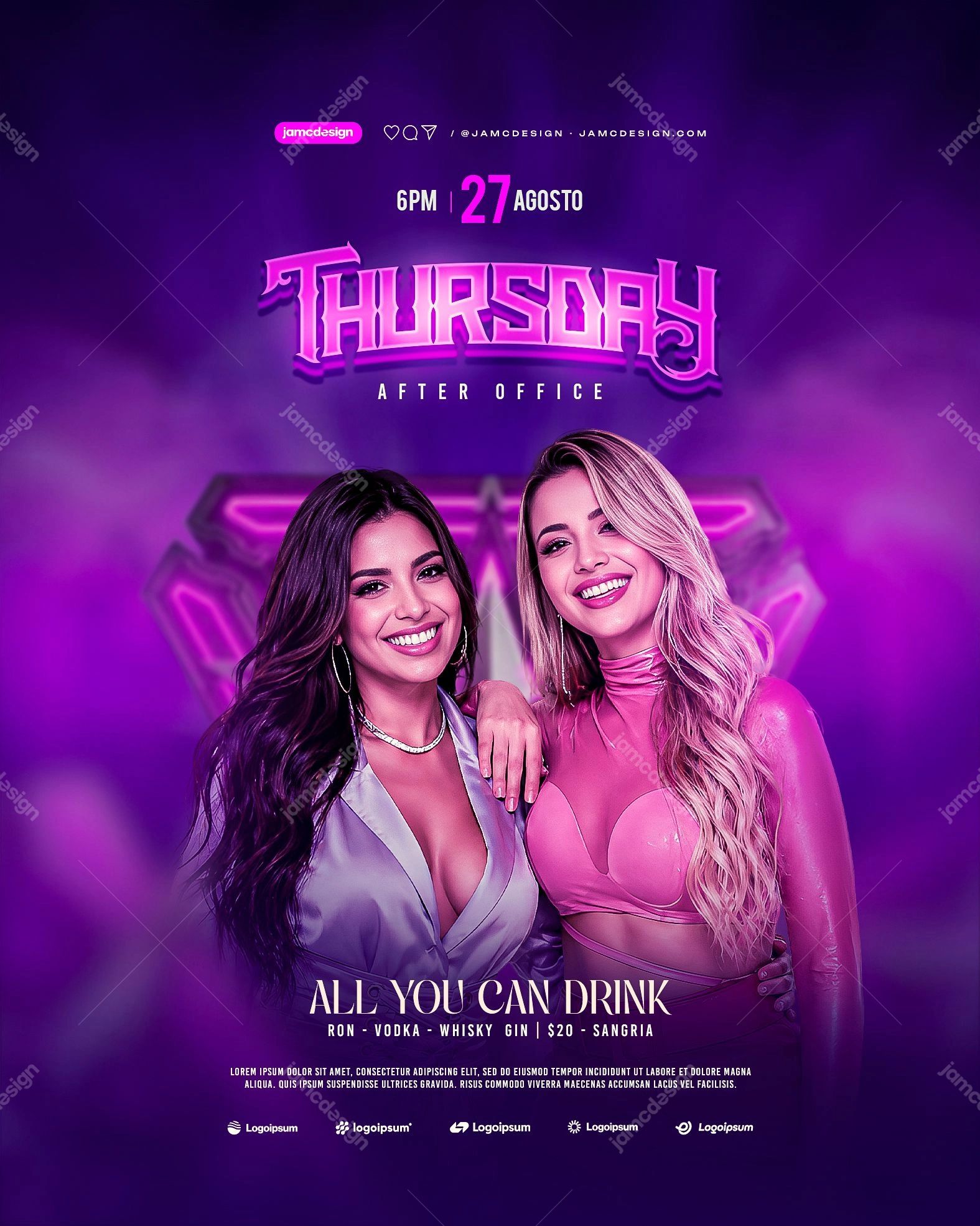 Thursday After Office Flyer Template PSD Editable. Editable PSD template for a Thursday night social media flyer, with a magenta and violet neon palette