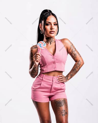 Tattooed Woman In Pink Vest And Shorts With Lollipop Photo