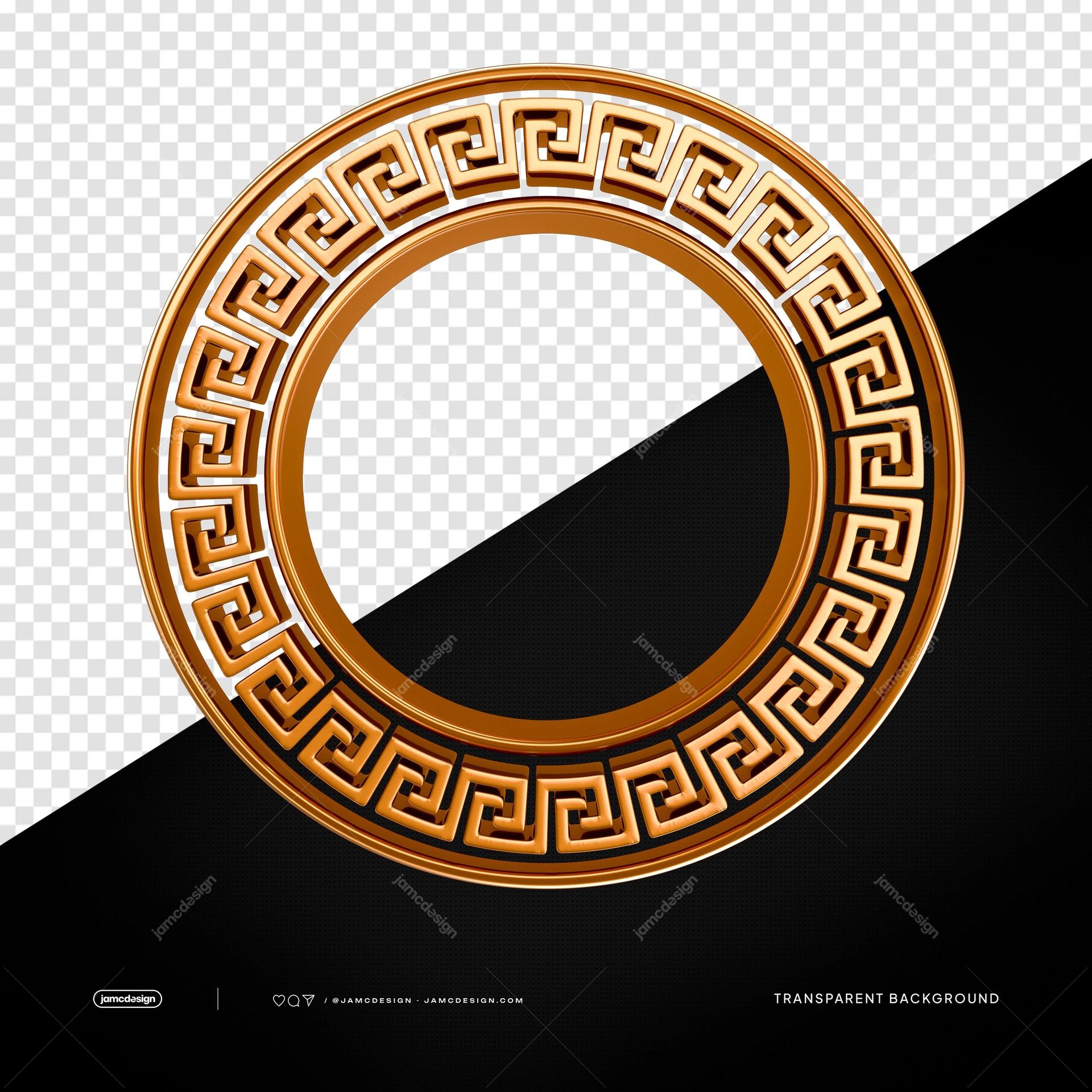 Luxury Greek Gold Circle Frame PNG Transparent Background. Editable PSD frame featuring a circular Greek key meander border rendered in metallic gold against