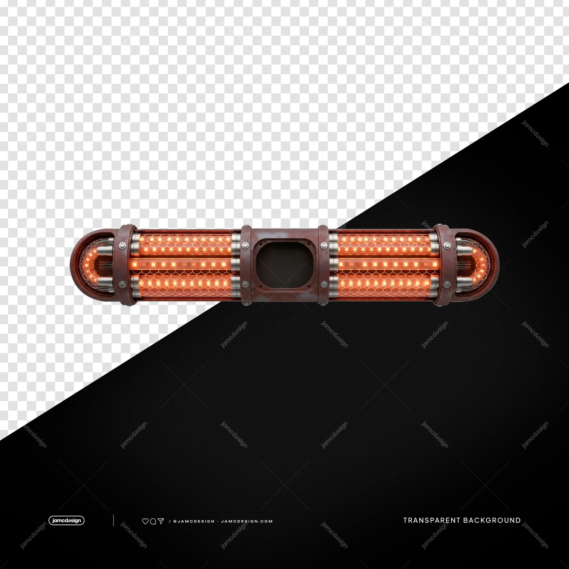 Luminária Industrial de Barra com LED Laranja e Metal Brilhante PNG Transparente. Luminária industrial laranja de barra com LED