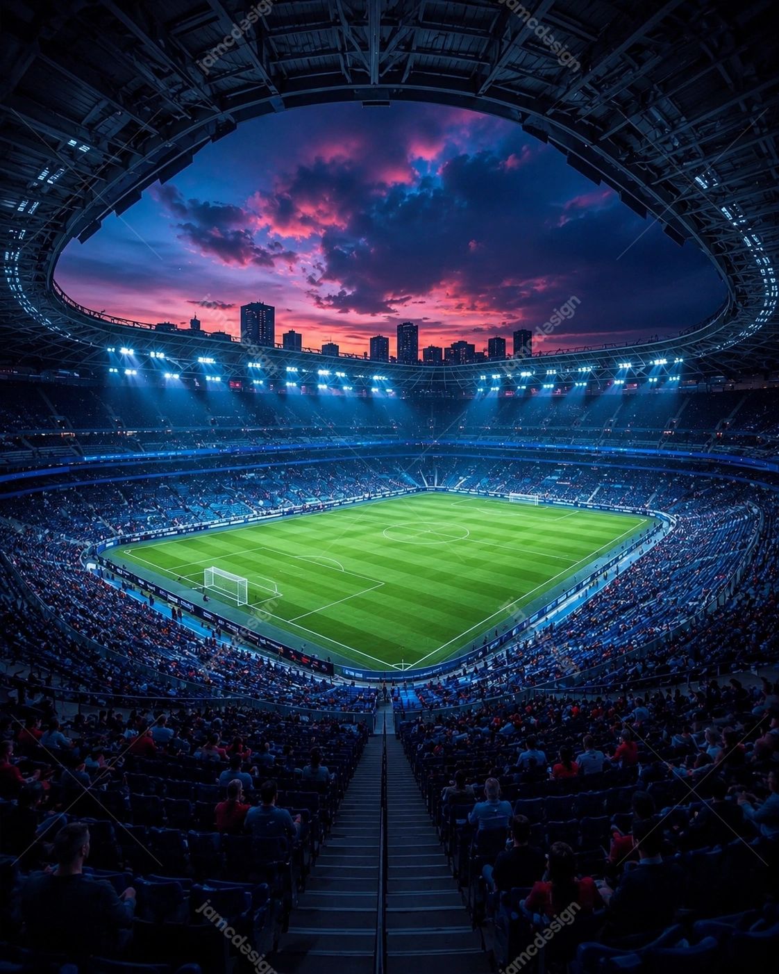 Epic World Cup 2026 Stadium Background. PNG background of a large football stadium at twilight, featuring a green pitch with a visible goal