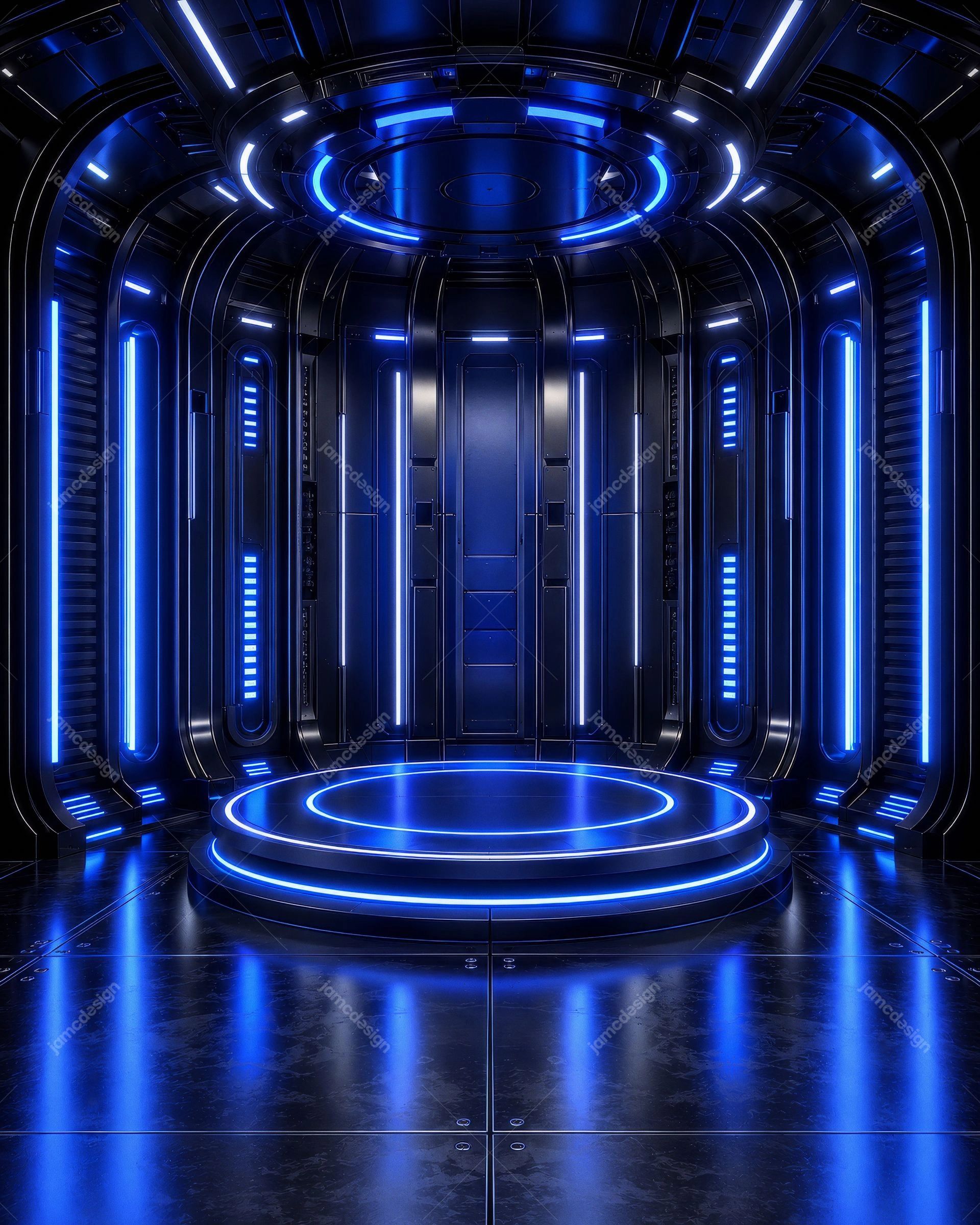 Blue Cyber Neon Circular Stage Room Background