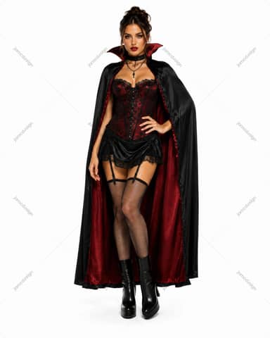 Vampire Woman In Red Corset And Cape Halloween Costume Photo