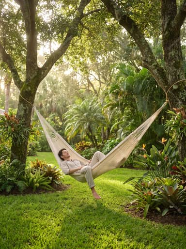 Man Relaxing In Colorful Hammock In Tropical Garden