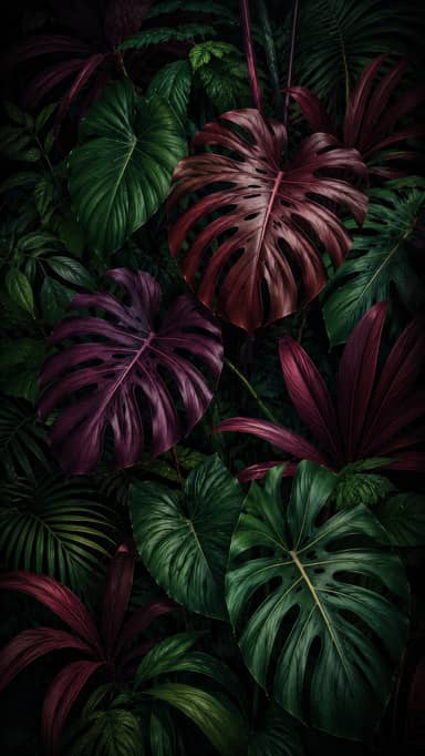 Dark Burgundy Monstera Leaves Jungle Background