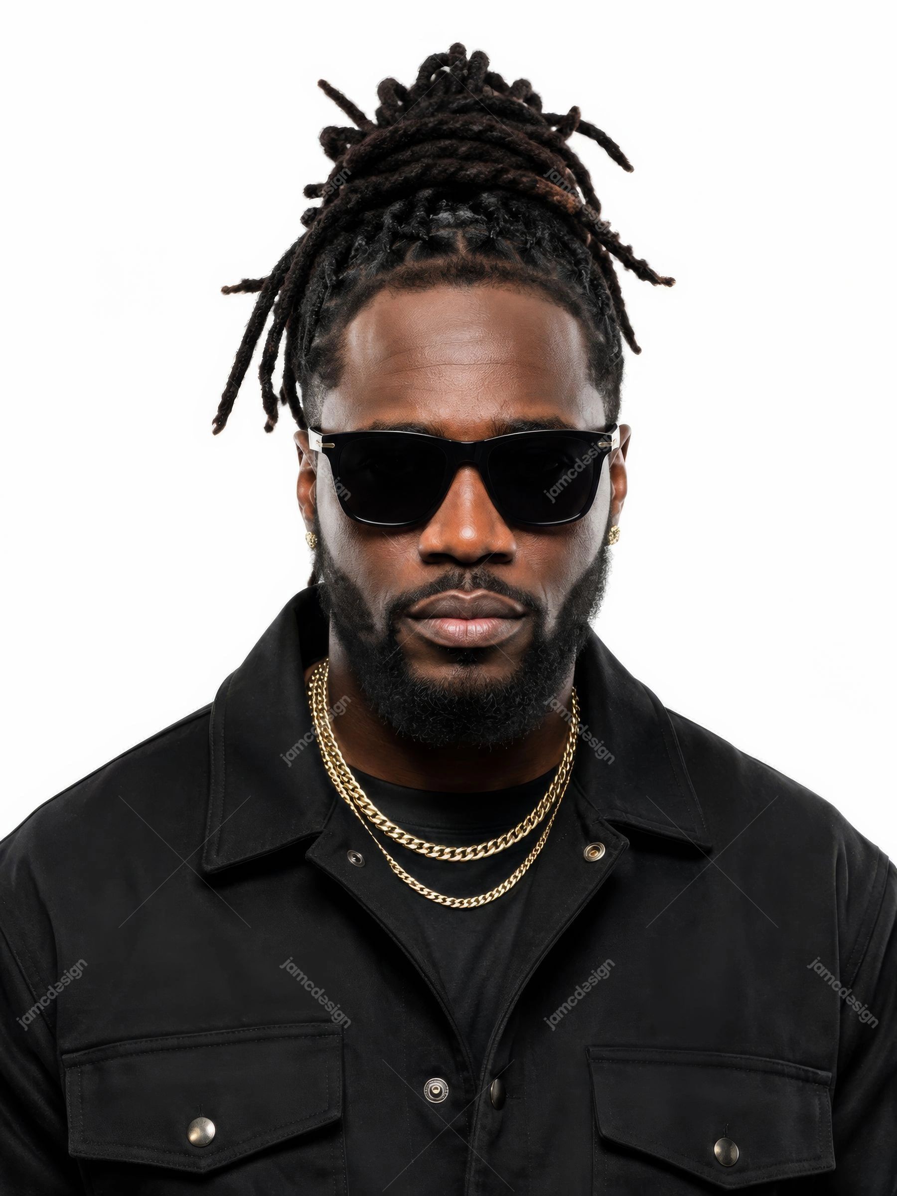 Dreadlocked Male Artist With Sunglasses Studio Portrait. JPG photo of a dreadlocked male artist wearing sunglasses and a black jacket