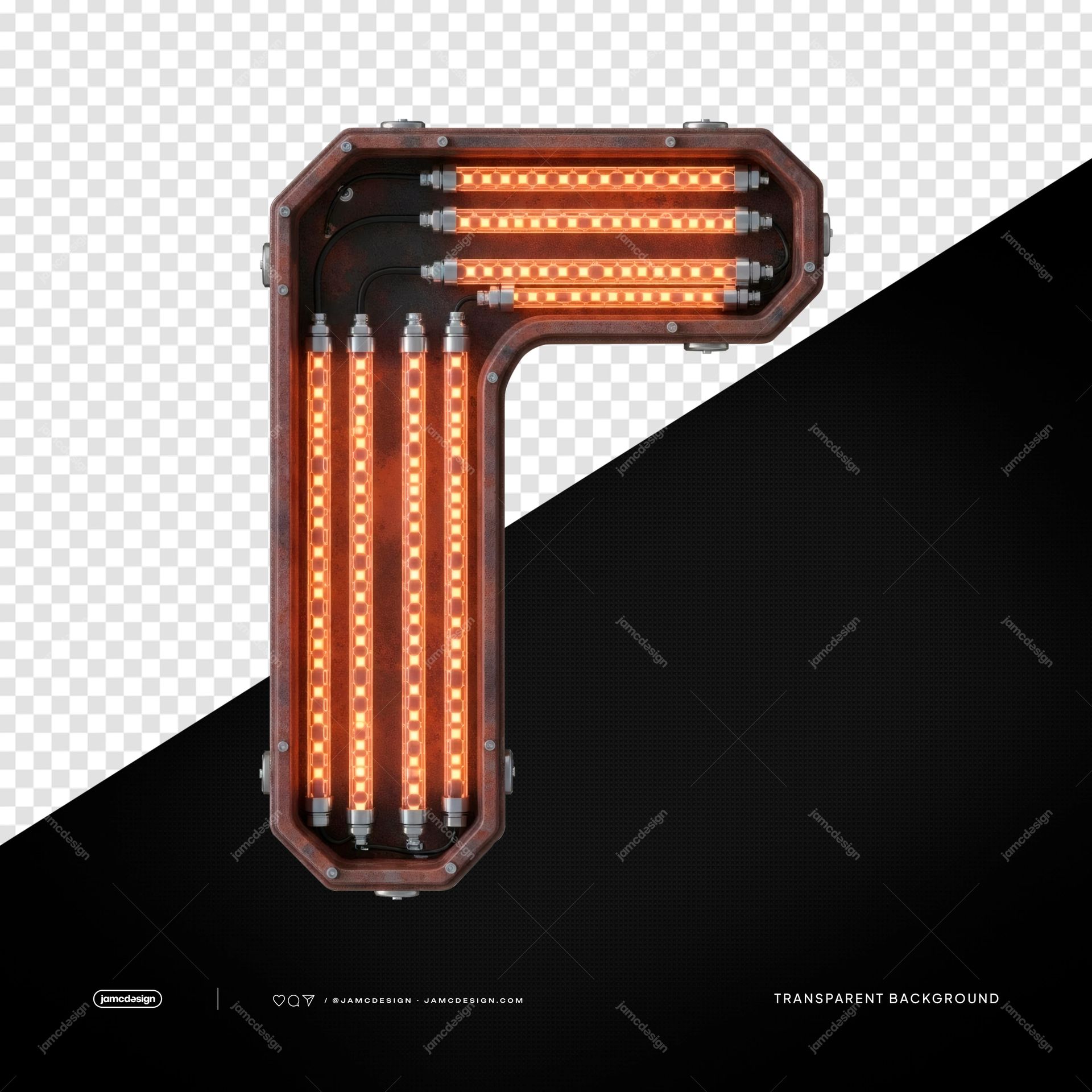 Lampe d’Angle Industrielle en L Orange LED PNG Transparent. Cet objet PNG transparent représente une lampe d’angle industrielle en forme