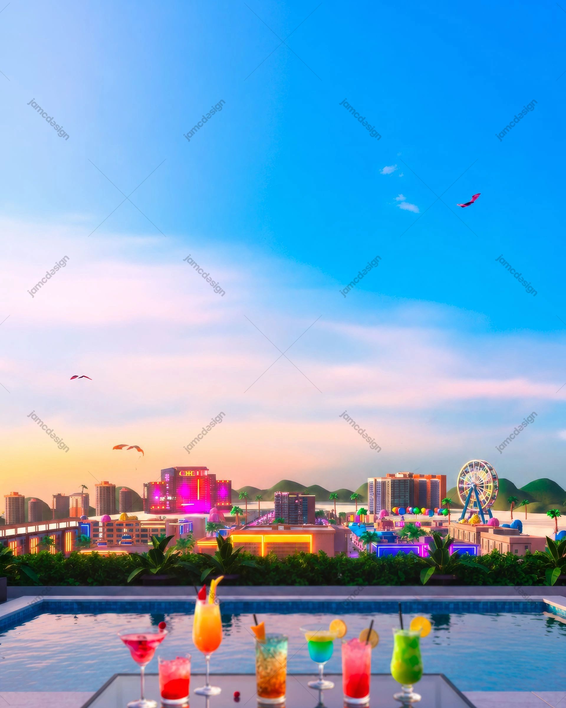 Tropical Rooftop Pool Party Sunset Cocktails Background. Sunset rooftop pool background supplied as a JPG