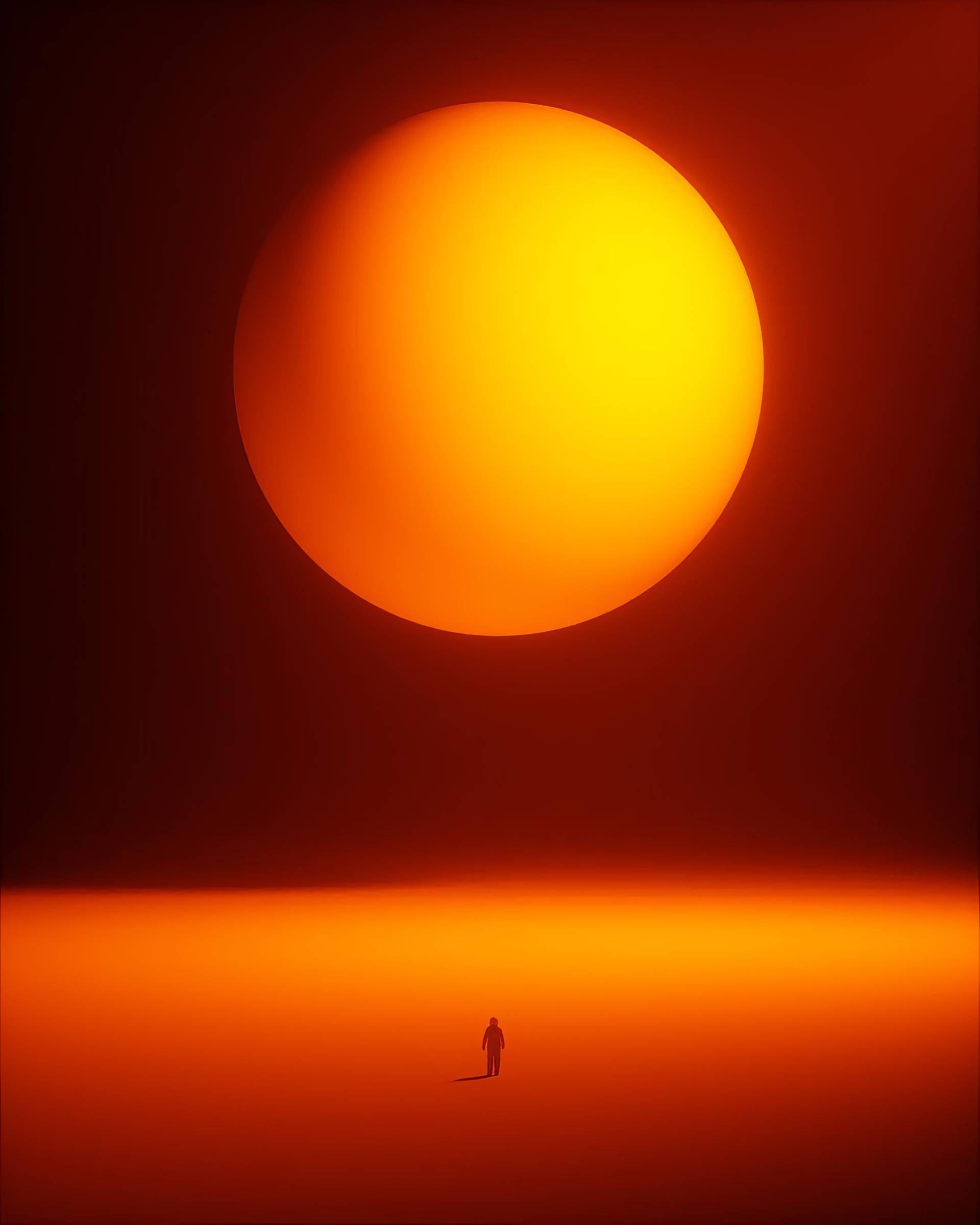 Minimal Giant Sun Landscape with Tiny Human Silhouette Background