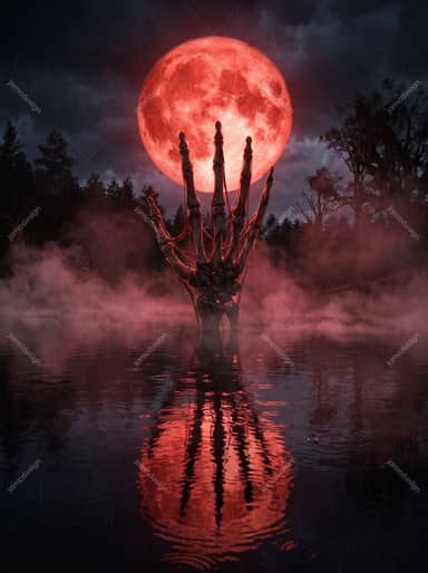 Skeletal Hand Rising From Blood Moon Lake Background JPG