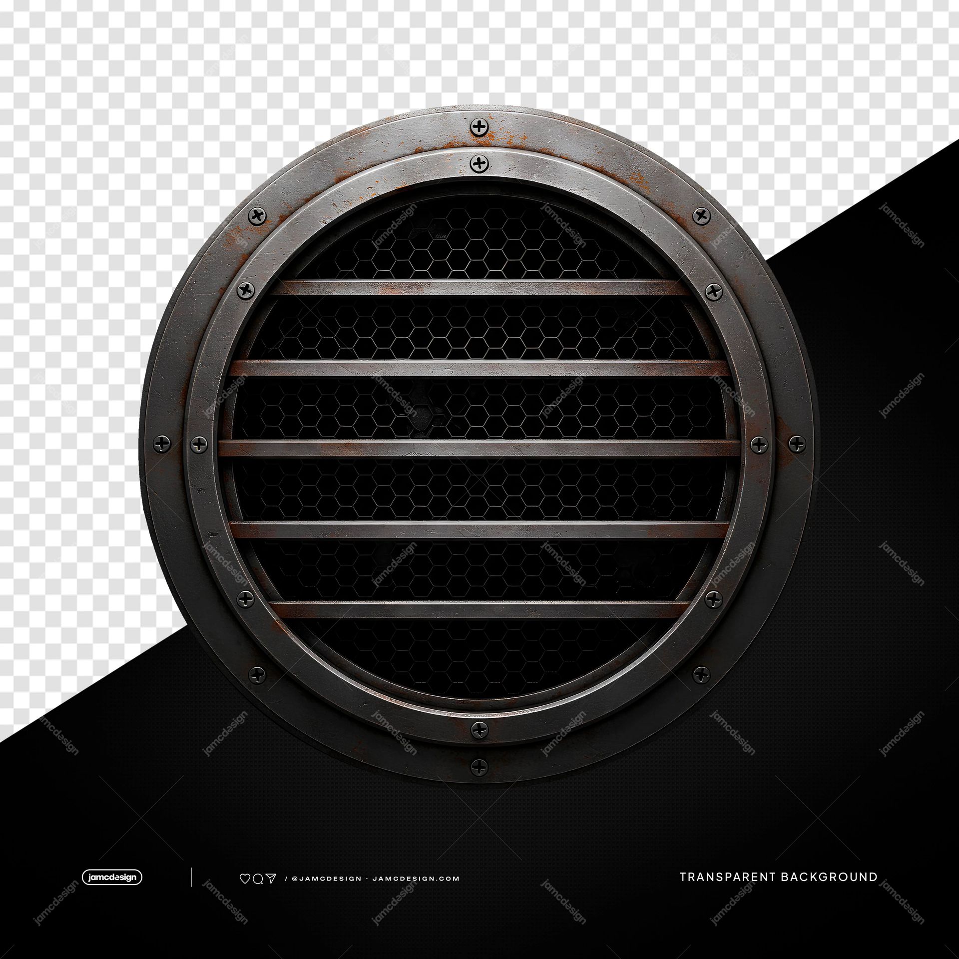 Round Metal Grille With Honeycomb Mesh PNG Transparent. Transparent object PNG featuring a round metal grille with honeycomb mesh, slats