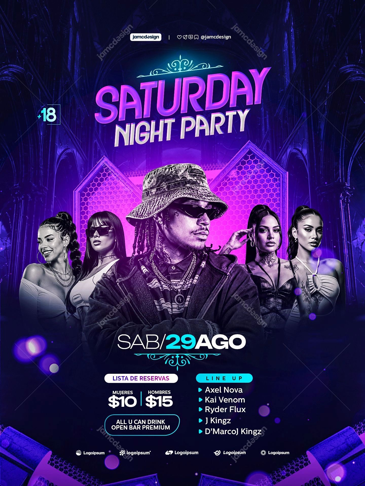 Saturday Night Neon Group Portrait Flyer Template PSD. Editable PSD template for a Saturday night party event flyer