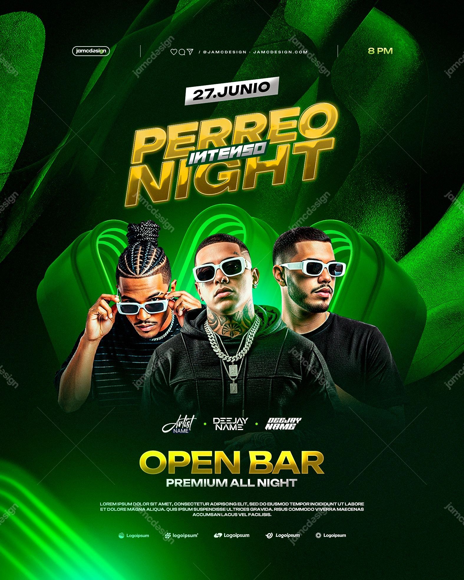 Perreo Intenso Night Flyer Template PSD Editable. Editable PSD template for a reggaeton perreo night event flyer with a dark green and black composition