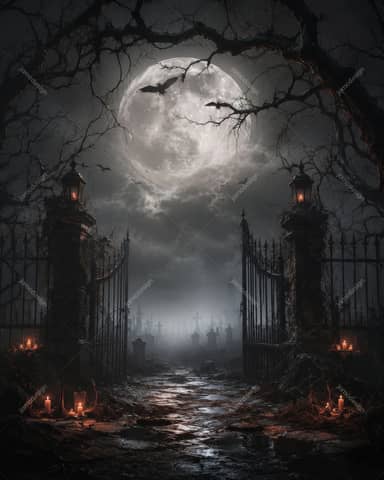 Gothic Cemetery Gate Full Moon Halloween Background