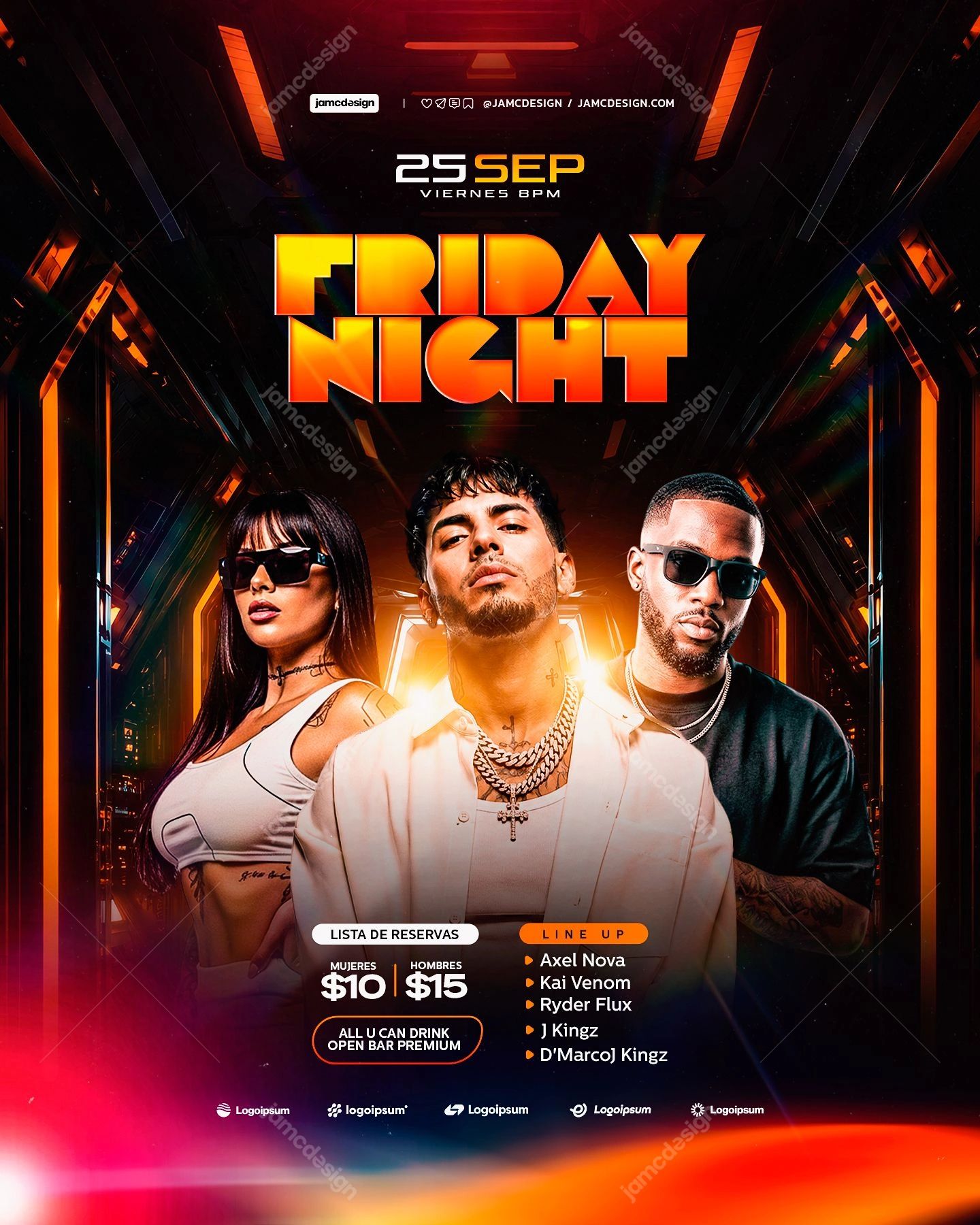 Friday Night Orange Trio Portraits Flyer Template PSD. Editable PSD event flyer template for a Friday night party