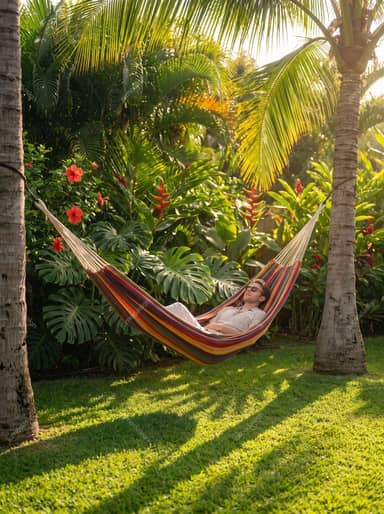 Woman Napping In Hammock Surrounded By Tropical Plants