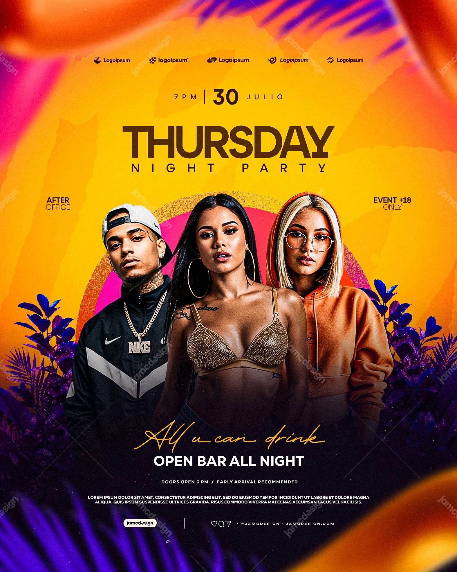Thursday Night Social Media Flyer Template PSD Editable. Editable PSD template for a Thursday night party social media flyer