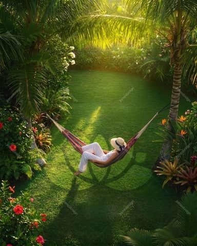 Woman Resting In Hammock In Lush Tropical Garden