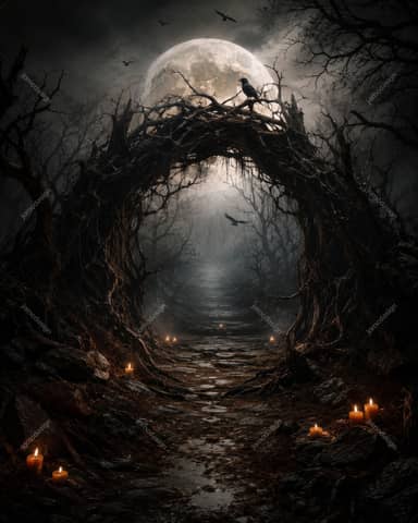 Haunted Root Arch Full Moon Halloween Background