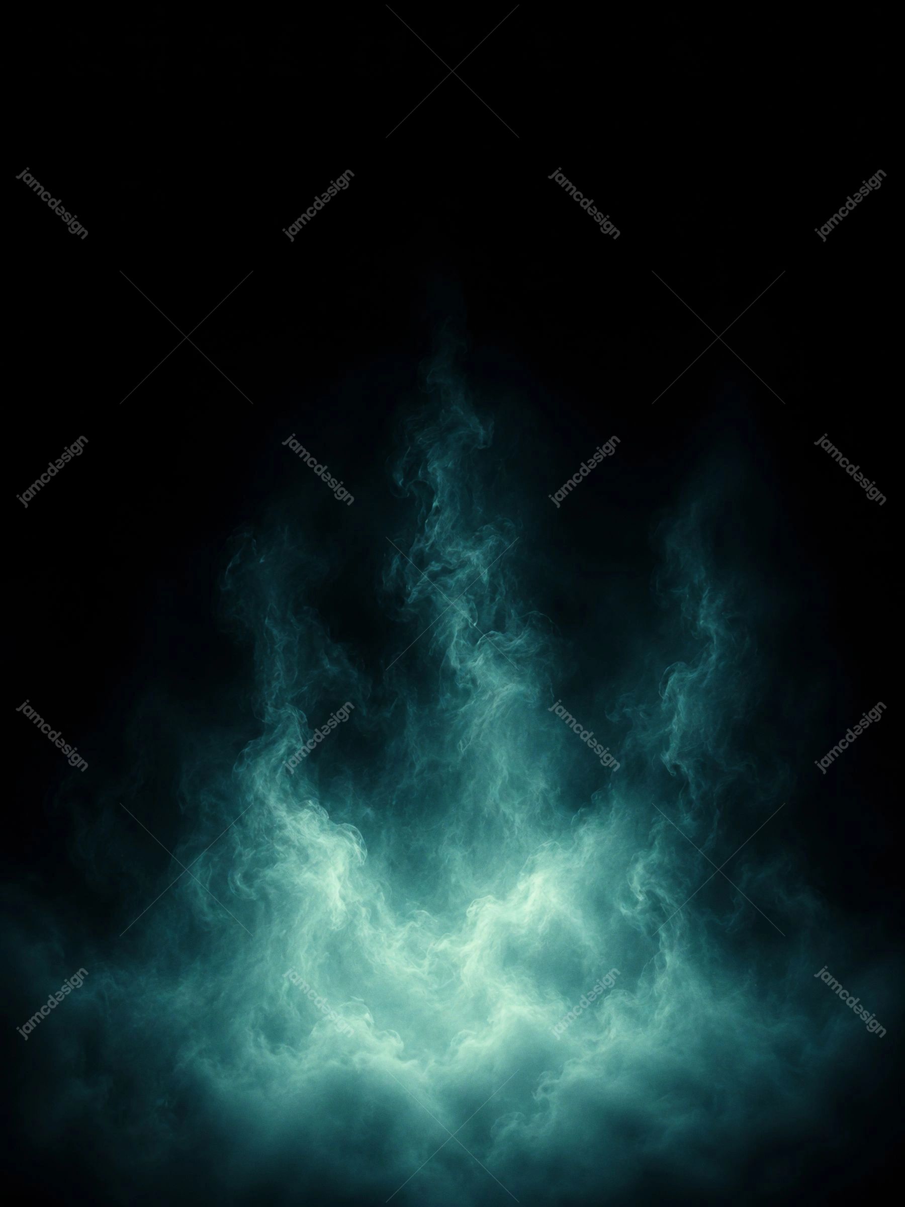 Textura de Fumaça Turquesa Luminosa em Fundo Escuro Vertical. Esta textura de sobreposição em JPG mostra uma coluna de fumaça turquesa luminosa subindo