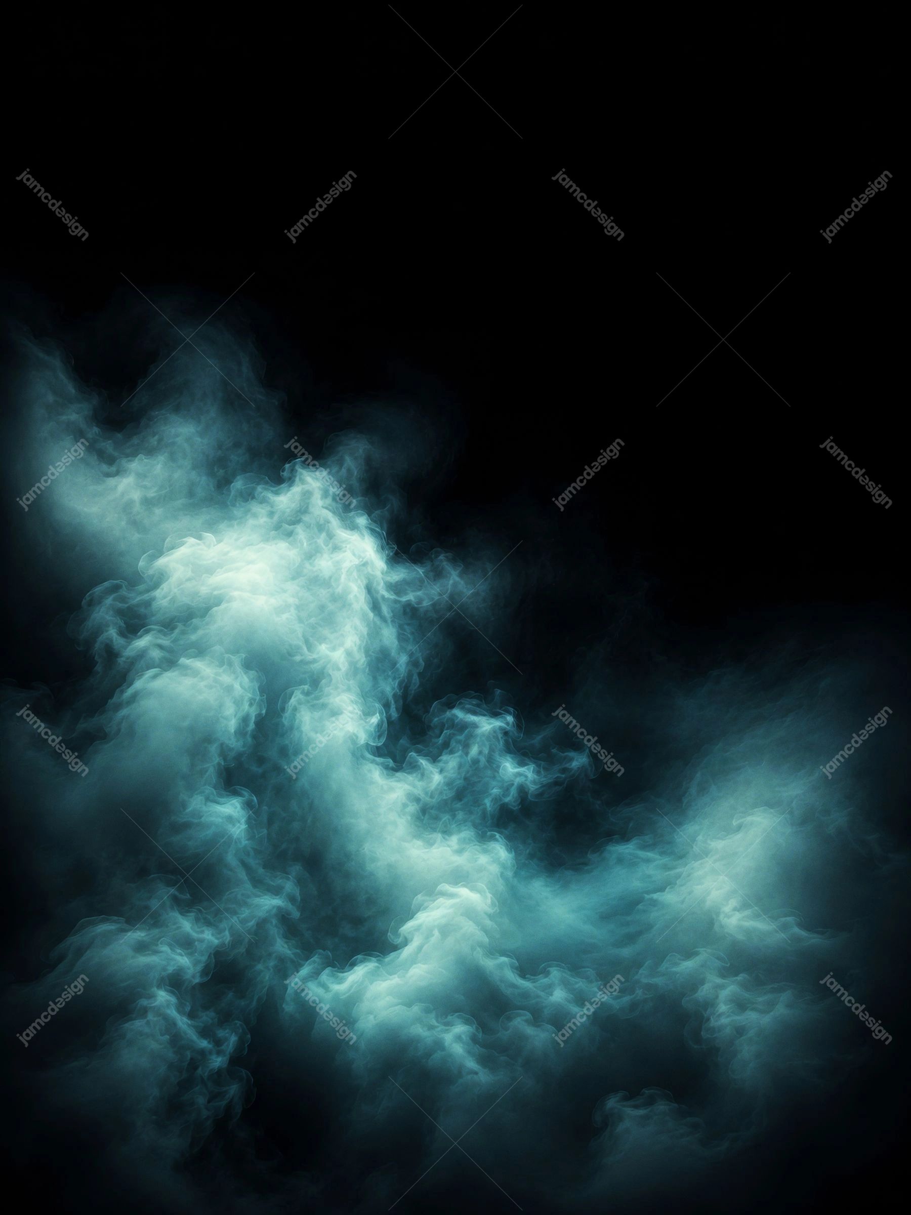 Textura de Fumaça Turquesa Luminosa em Fundo Escuro Vertical JPG. Textura de sobreposição em JPG com fumaça turquesa luminosa serpenteando por um fundo preto