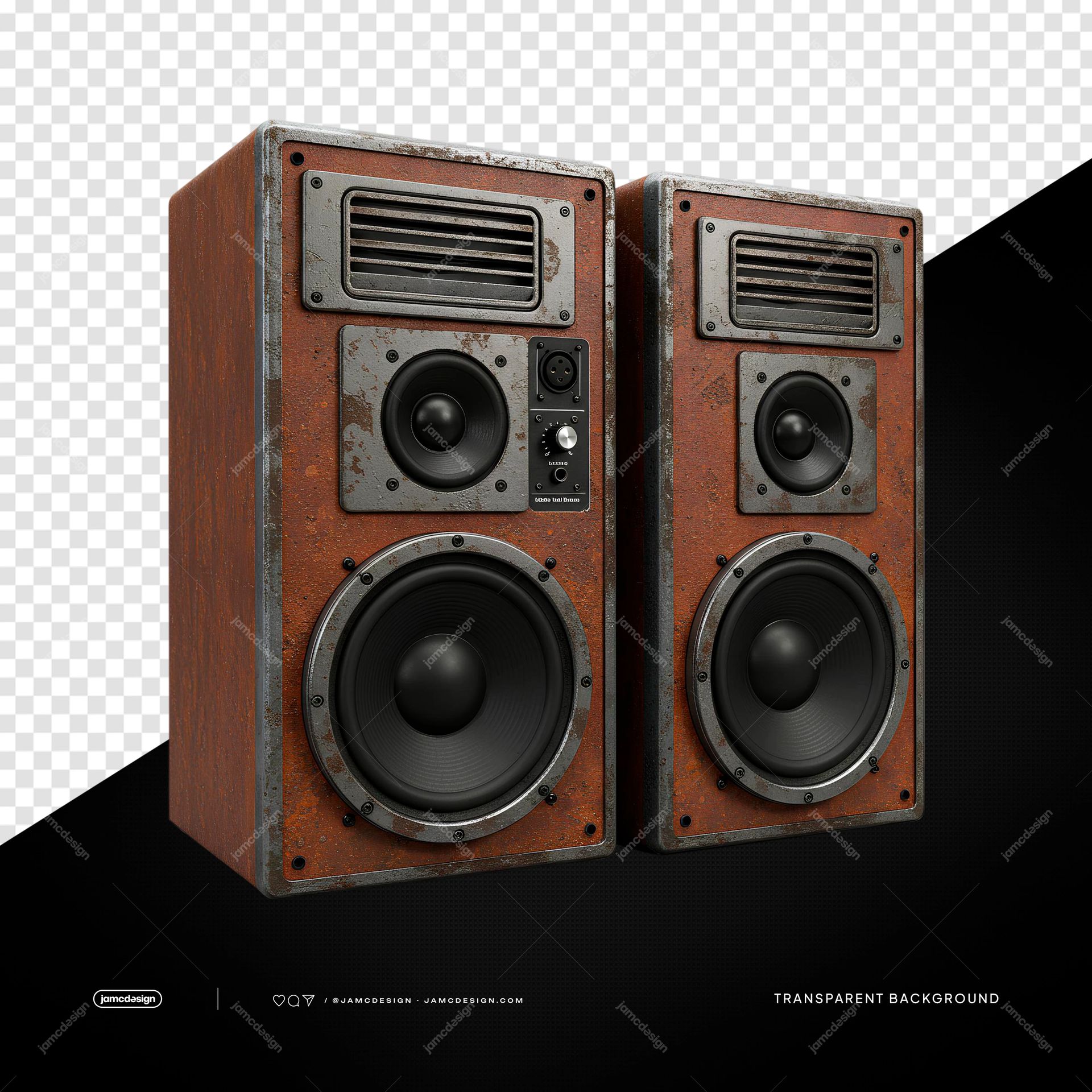 Par de Altavoces de Madera Vintage con Ribete Rojo PNG Transparente. Objeto transparente en PNG que muestra un par de altavoces de madera vintage con ribete