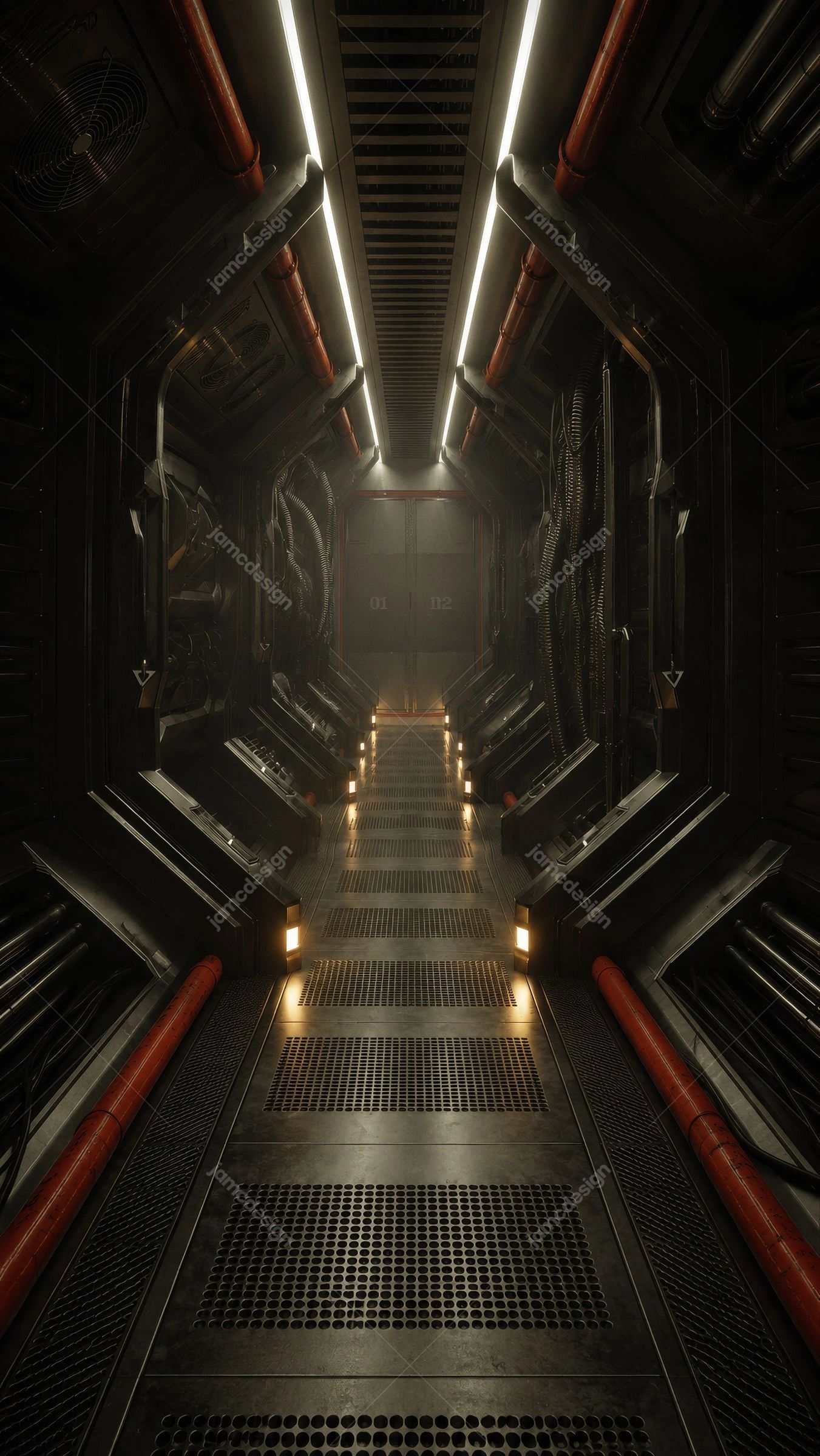 Dark Industrial Sci Fi Corridor Spaceship Background