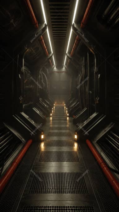 Couloir de Vaisseau Spatial Sci Fi Industriel Sombre Fond