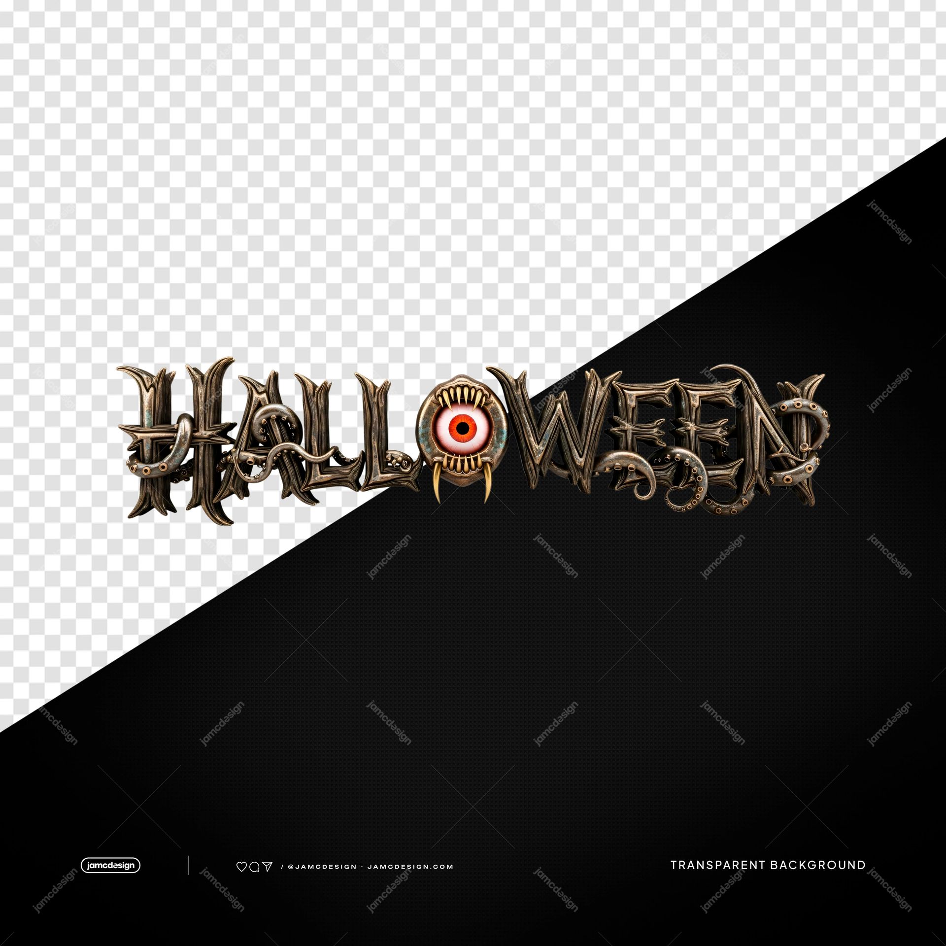 Texto de Terror de Halloween con Ojo Metálico PNG Transparente. Objeto PNG transparente con letras ornamentadas de terror de Halloween, detalles metálicos