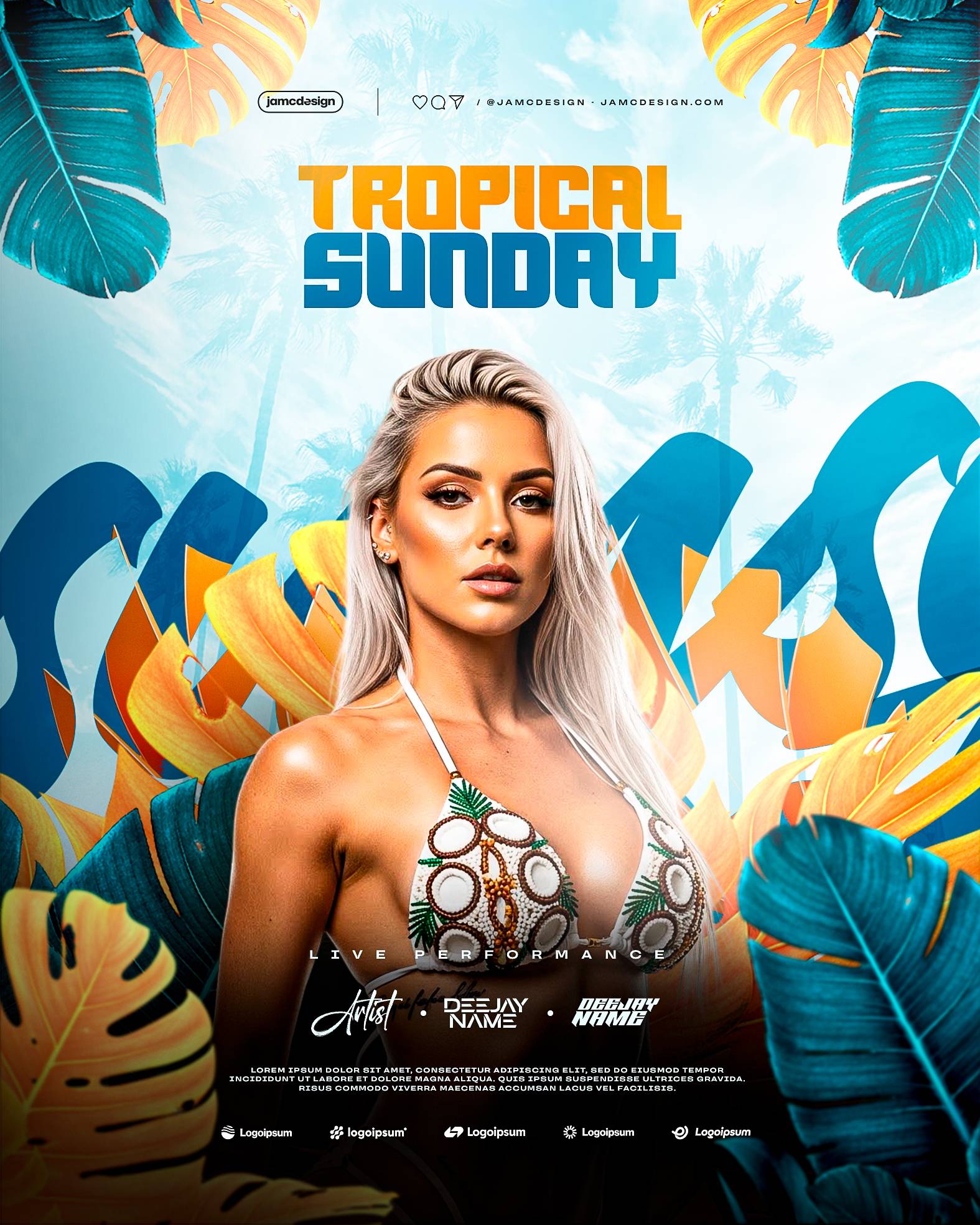 Tropical Sunday Social Media Flyer Design Template PSD Editable