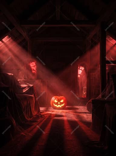 Glowing Jack-O-Lantern In Haunted Attic Red Pumpkin Room Background JPG
