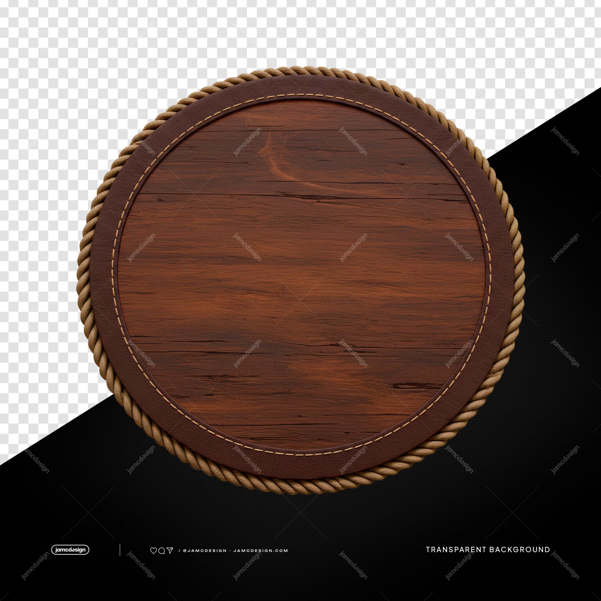 Brown Wood Round Board With Rope Border PNG Transparent. Transparent PNG object showing a round brown wooden board with visible grain