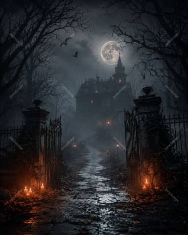 Haunted Mansion Gate Full Moon Halloween Background