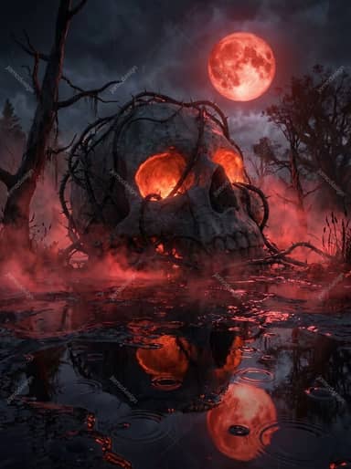 Giant Skull Red Moon Swamp Crimson Fog Background JPG