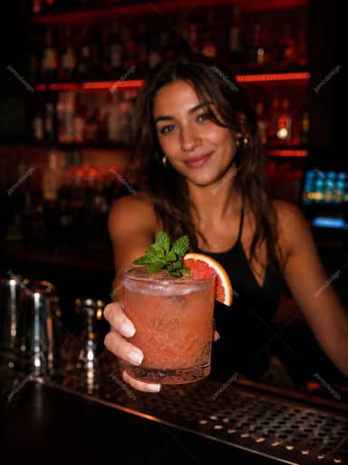 Bartender Serving Pink Grapefruit Cocktail At Night Bar JPG