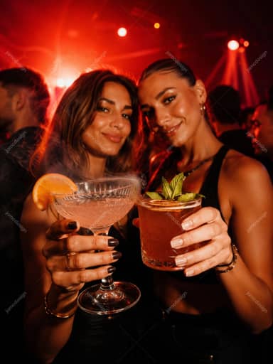 Friends Toasting With Cocktails At Nightclub Party Red Drink Portraits JPG