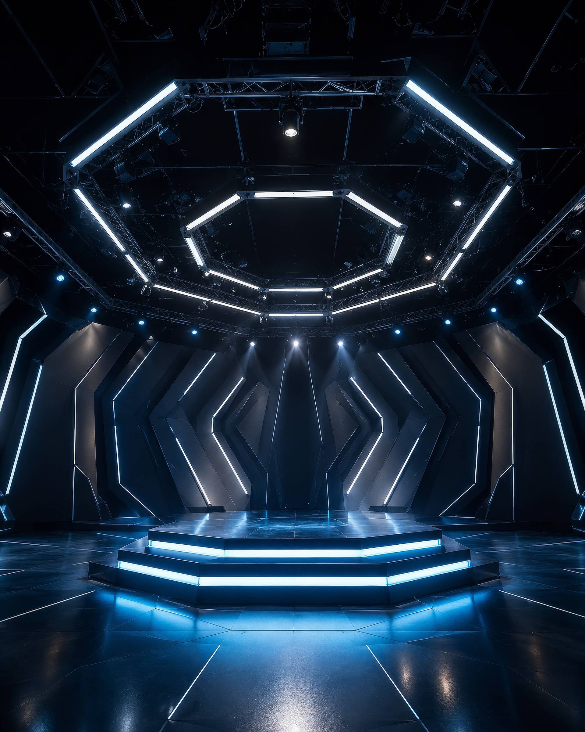 Sci-Fi Event Stage with Blue Lighting Background