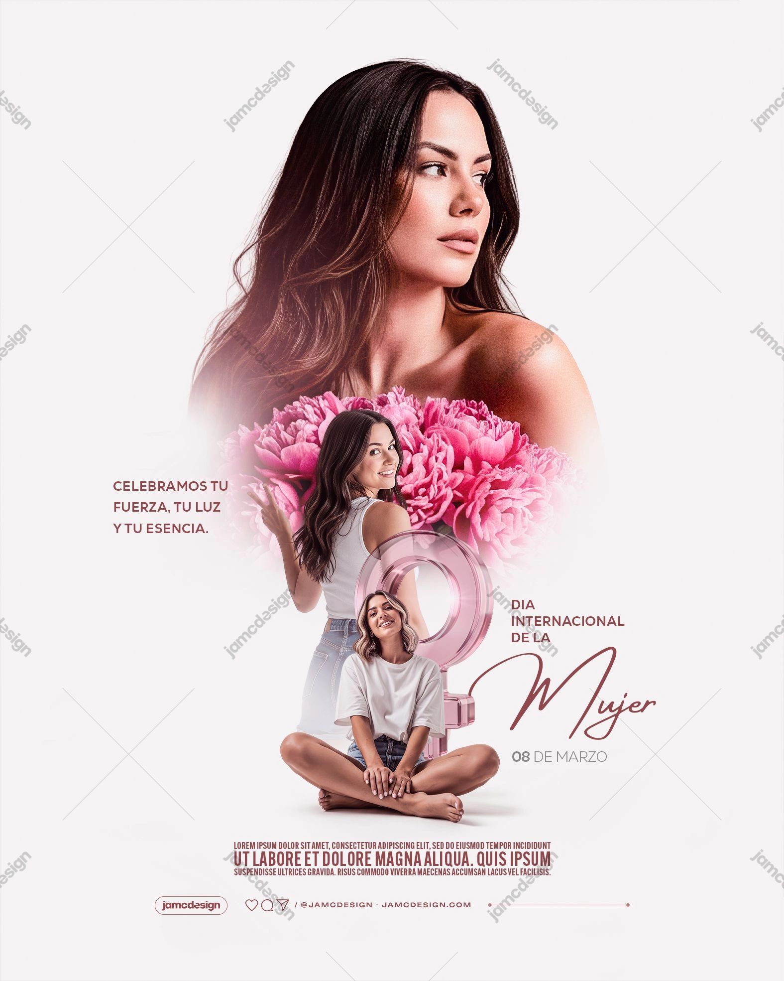 Dia Internacional De La Mujer Flyer Template PSD. Editable PSD template for an International Women's Day event flyer with a bright composition in soft pink