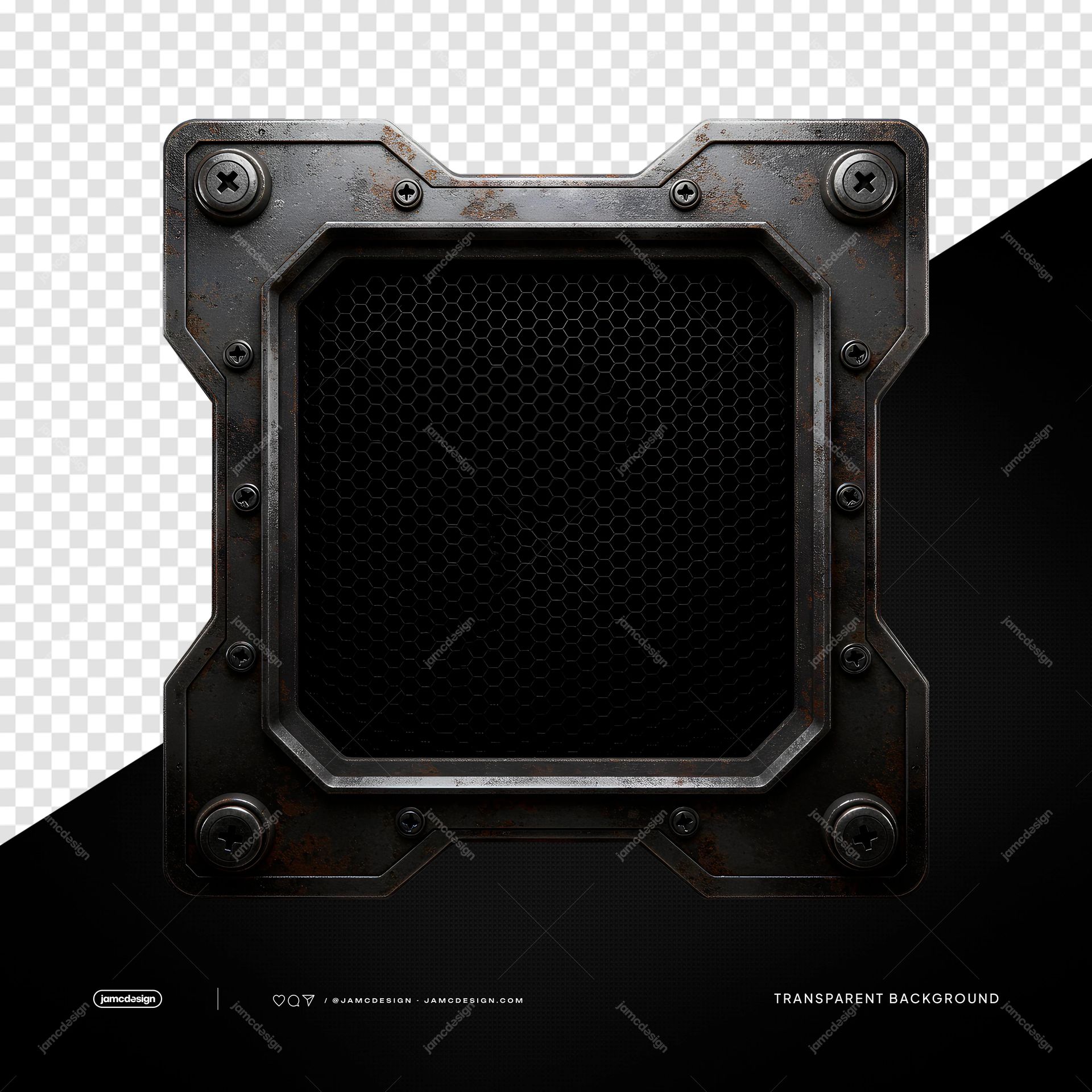 Square Honeycomb Metal Grille PNG Transparent. A PNG transparent object showing a square honeycomb metal grille in a dark, distressed industrial style