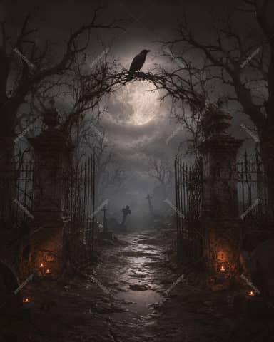 Haunted Cemetery Gate With Raven Halloween Background